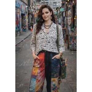 Faces Black‎ White Cartoon Drawings Le Caviar M Crop Blouse Button Front Collar